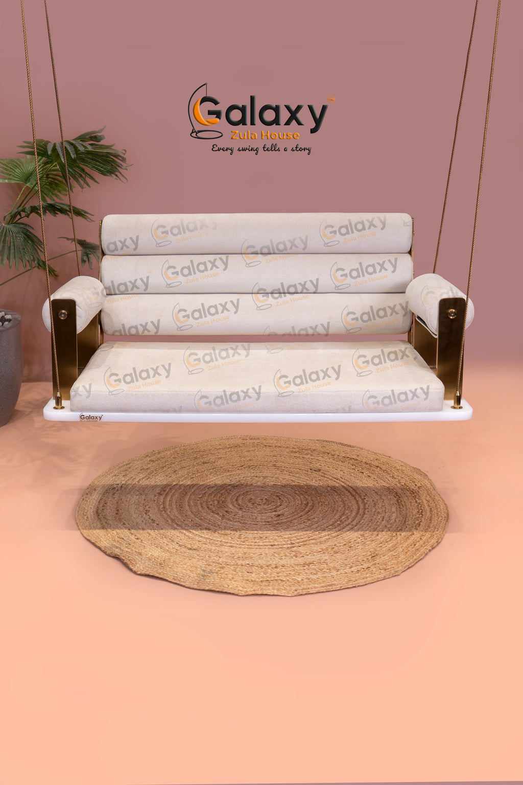 Hanging chair with milky white acrylic base and PVD three roller pattern