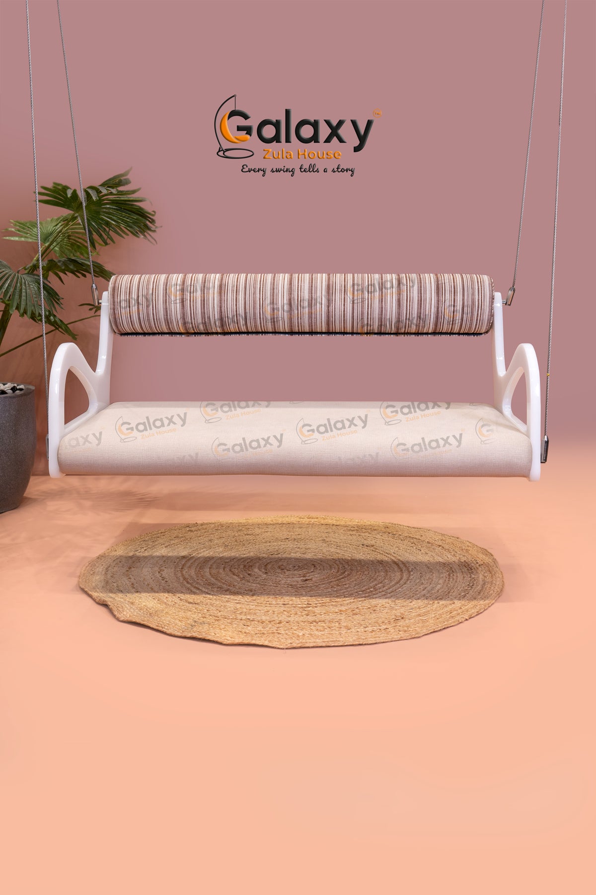 Hanging swing chair in milky white acrylic with Hans pattern