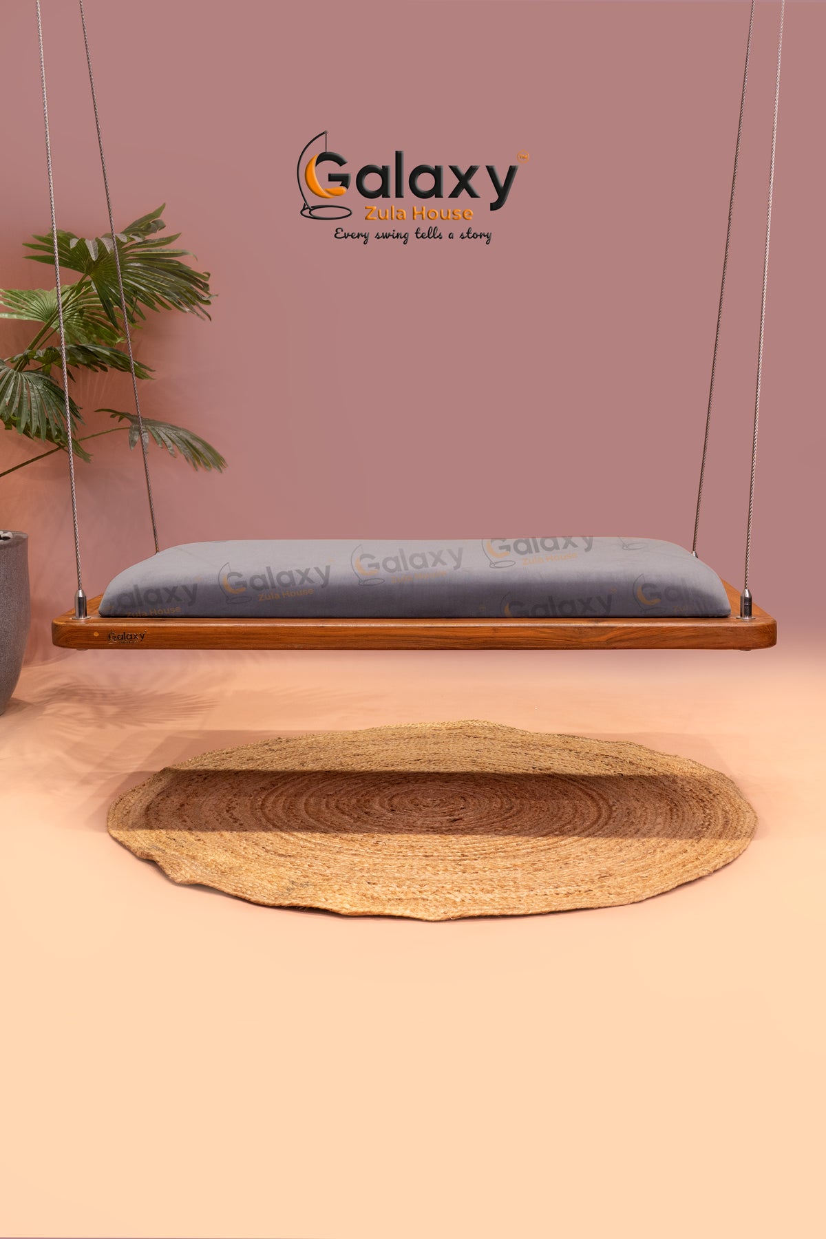Swing with cushion in traditional wooden khat design Main image