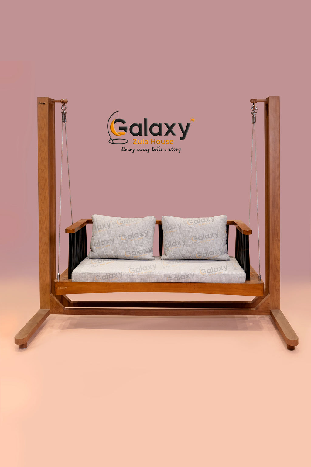 Swing with stand for home with wooden seat and stainless steel frame