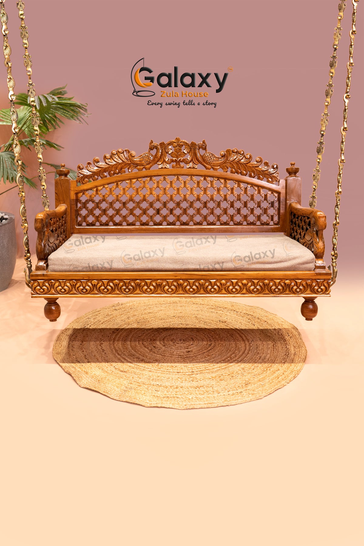 Wooden jhula with traditional Rajwadi peacock carving Main image